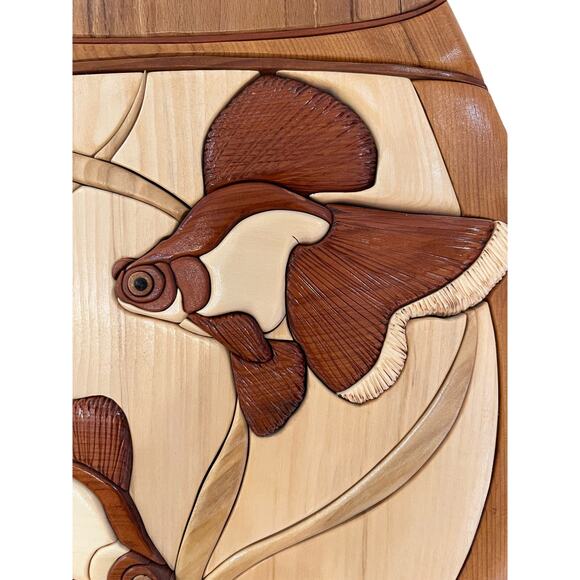 Handmade Intarsia Goldfish Bowl Wall Hanging Art Decor Wood Sculpture - Picture 3 of 4